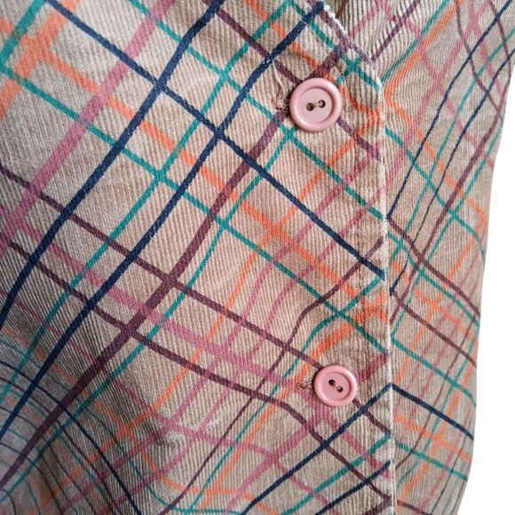 Medium Vintage Boho Corduroy Vest Plaid Satin Tie Back 1970's Pastel Stripes USA - Picture 4 of 7